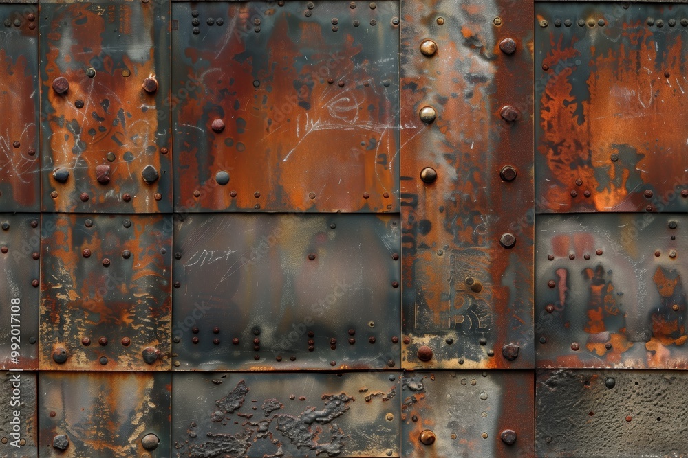 Seamless weathered metal wall surface featuring rust, rivets, and patches of peeling paint. The texture showcases a mix of orange, brown, and gray tones, highlighting the effects of time and exposure. Seamless weathered metal wall surface featuring rust, rivets, and patches of peeling paint. The texture showcases a mix of orange, brown, and gray tones, highlighting the effects of time and exposure.