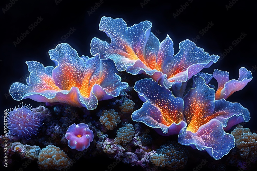 Vibrant corals illuminate the dark ocean depths with their luminescent glow. Vibrant corals illuminate the dark ocean depths with their luminescent glow.