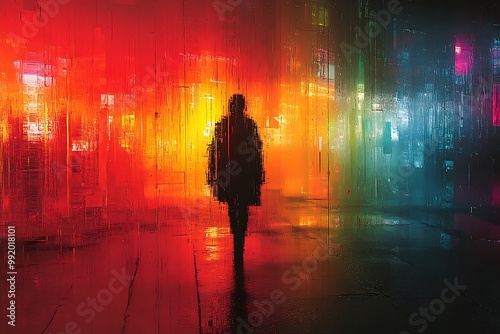 A lone figure walks through a vibrant, rain-soaked cyberpunk city at night.