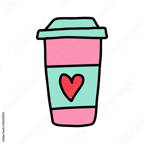 Cartoon paper coffee cup with heart on Valentine day. Hand drawn paper cup of coffee with love and inspiration. Concept - buy aromatic coffee in paper cup to share with sweetheart on Valentine day.