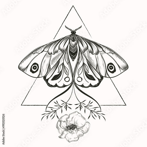 Boho vector illustration with hand drawn butterfly. Abstract mystic sign. Tattoo or magic craft