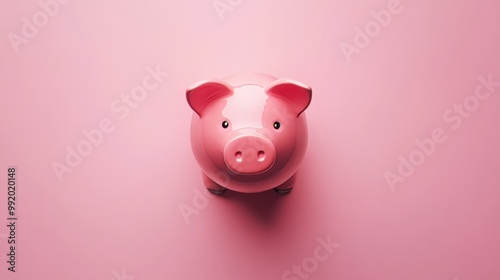 Flat lay photograph of a pink piggy bank, seen from above