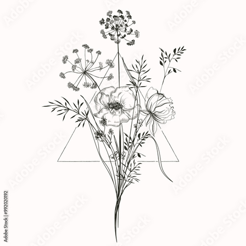 Boho vector illustration with hand drawn flowers. Abstract mystic sign. Black...