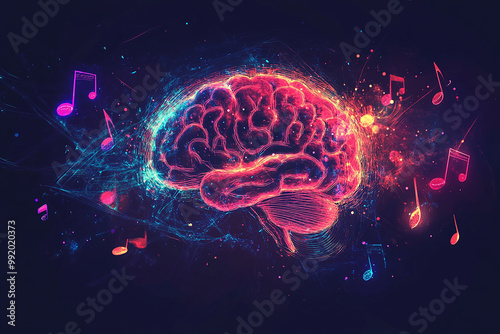 colorful brain with music notes over dark background photo