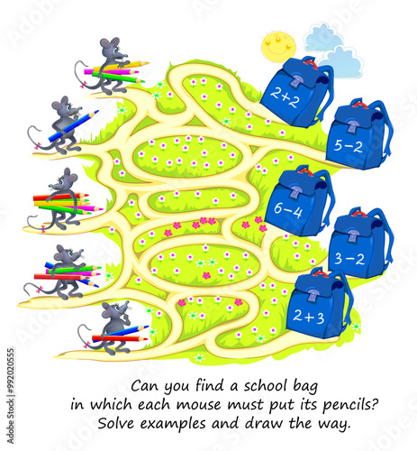 Math education for children. Can you find a school bag in which each mouse must put its pencils? Solve examples and draw the way. Educational logic puzzle game with maze. Activity sheet. Vector image