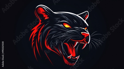 A close-up illustration of a black panther with glowing eyes and an open mouth, set against a dark background.