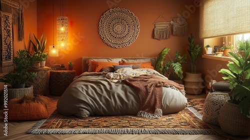 Cozy boho bedroom with earth-toned walls, woven textiles, and layered rugs, surrounded by plants and warm lighting.