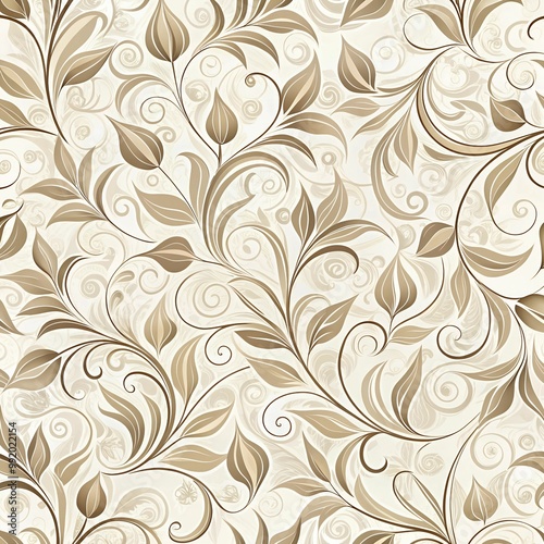 Elegant beige floral pattern with swirling leaves for wallpaper and textile design