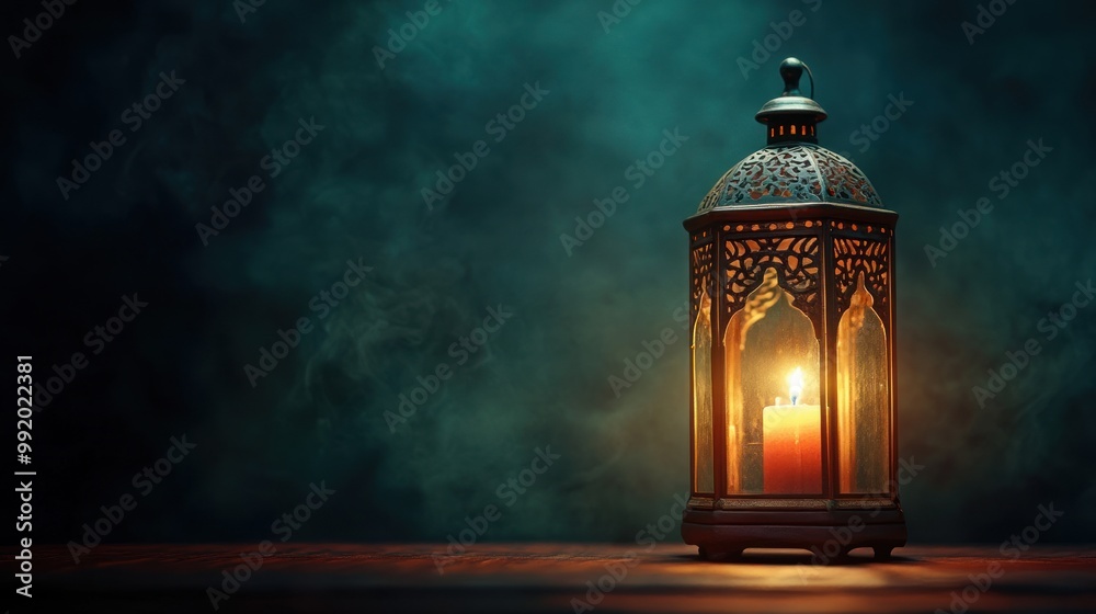 A single lit candle inside a decorative lantern on a wooden surface with a smoky green background. A single lit candle inside a decorative lantern on a wooden surface with a smoky green background.