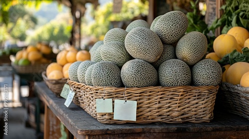 Whole cantaloupes stacked woven basket roadside fruit stand handwritten price tags a backdrop of a scenic countryside inviting travelers to stop and buy Scientific name Cucumis melo var cantalupensis