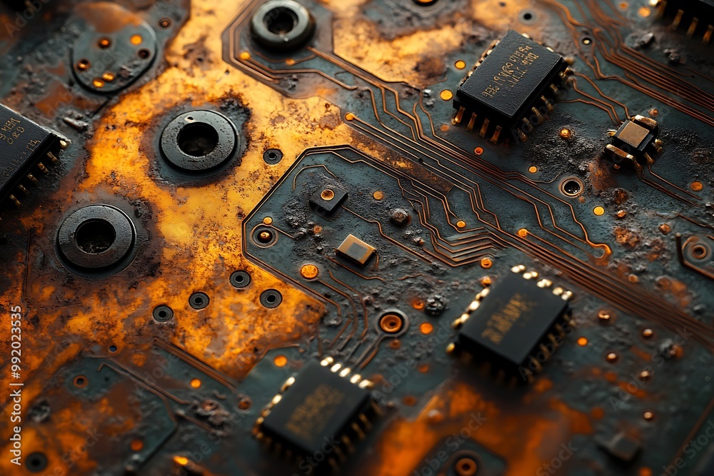 Fototapeta premium Rusty and grunge circuit board with copper and gold details