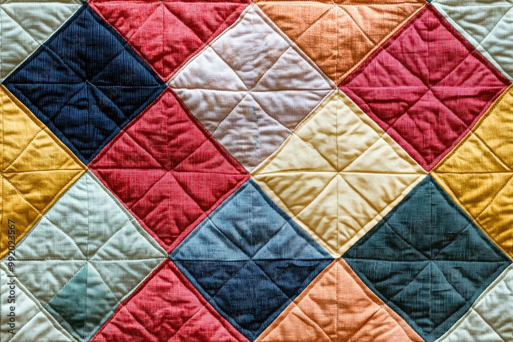 Colorful quilt featuring a diamond pattern with various shades including red, yellow, blue, and cream. The fabric is textured with a quilted design, showcasing a mix of warm.