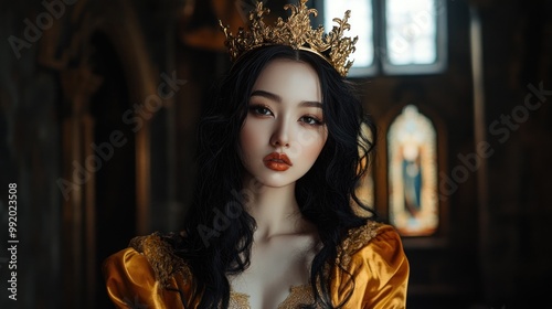 A young woman in a golden dress and crown stands in a cathedral, looking directly at the camera.