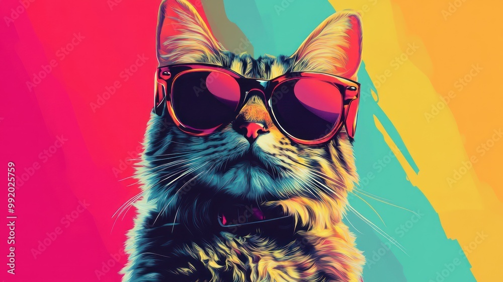 A cool cat wearing sunglasses in a vibrant and colorful illustration. A cool cat wearing sunglasses in a vibrant and colorful illustration.
