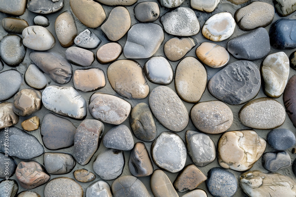 Variety of smooth stone flooring, rounded pebbles in different colors and sizes, arranged closely together on a sandy surface. The stones exhibit natural textures. Variety of smooth stone flooring, rounded pebbles in different colors and sizes, arranged closely together on a sandy surface. The stones exhibit natural textures.