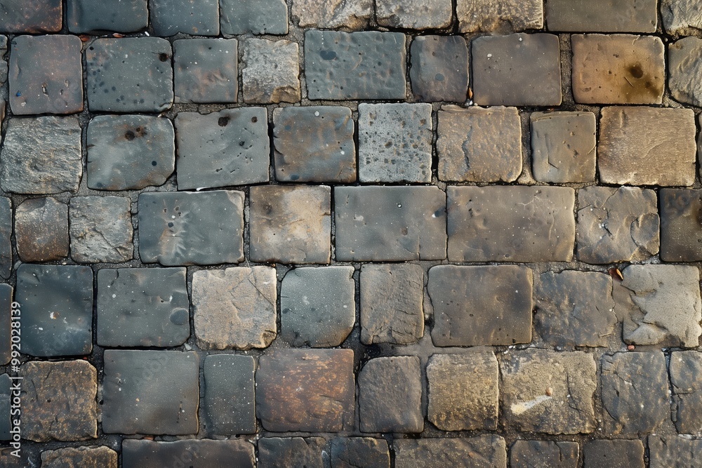Cobblestone stone road pavement featuring various shades of gray and brown stones. The stones are arranged in a regular pattern, showcasing their textured surfaces and natural imperfections. Cobblestone stone road pavement featuring various shades of gray and brown stones. The stones are arranged in a regular pattern, showcasing their textured surfaces and natural imperfections.