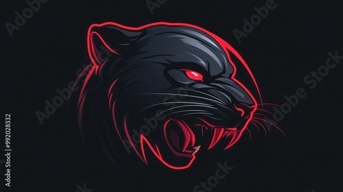 A fierce black panther with red eyes and teeth, roaring with a red outline against a dark background. photo