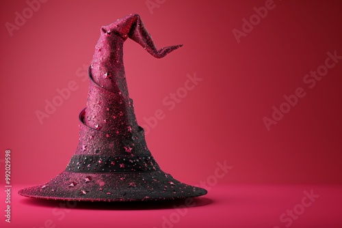 A red-tinted witch's hat embellished with glitter and stars stands out against a vibrant red background, creating a vivid visual impact.