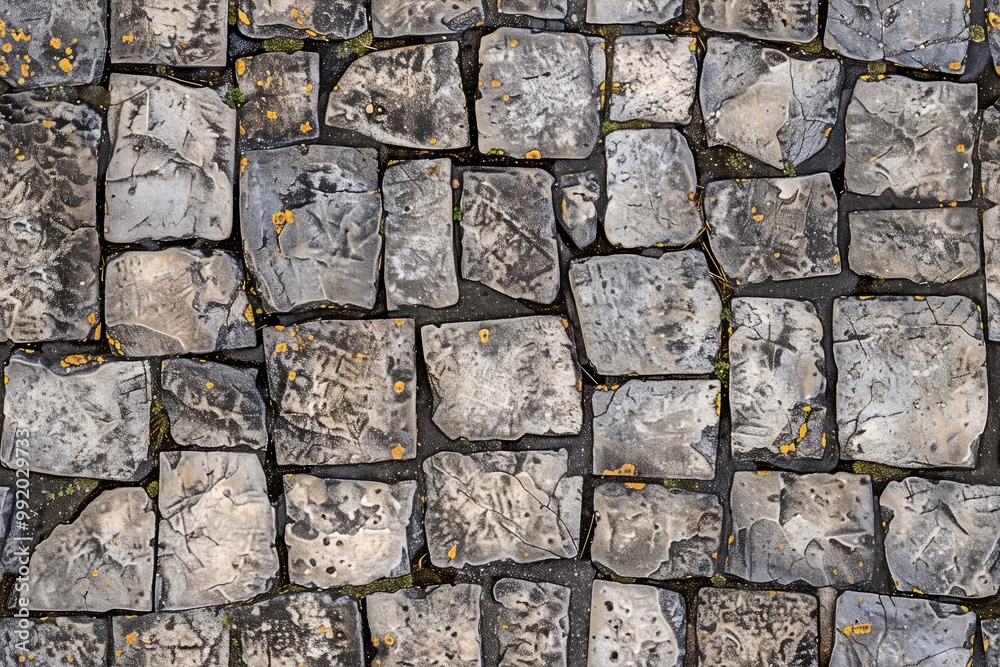 Obraz premium Cobblestone stone road pavement featuring irregularly shaped stones with a mix of gray and black hues. Some stones show signs of wear and weathering.