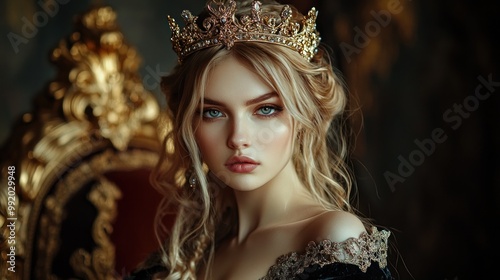 A young woman with blonde hair and blue eyes wears a gold crown and looks directly at the camera. She is sitting on a throne and is dressed in a black dress.