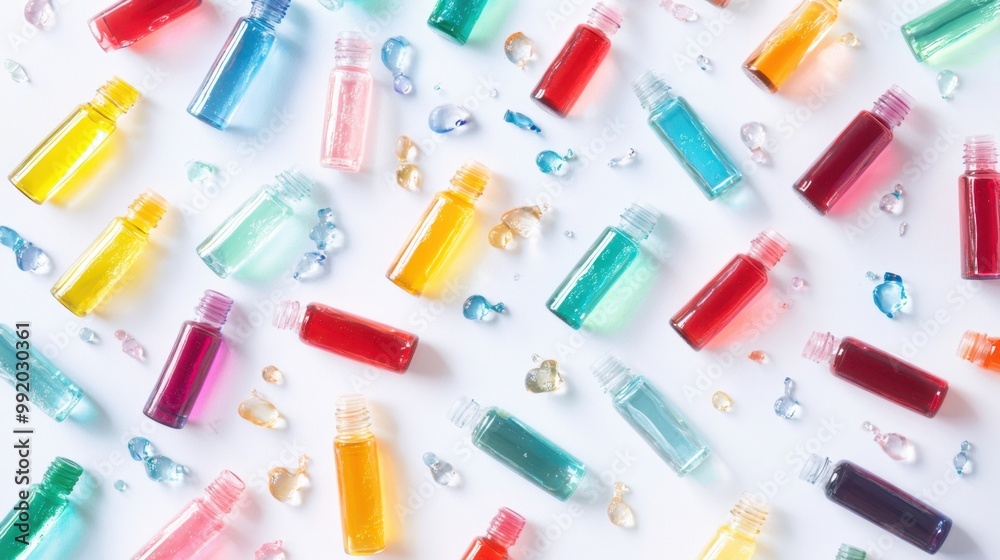 A top-down view of small glass bottles with different colored waters spilling over, scattered A top-down view of small glass bottles with different colored waters spilling over, scattered