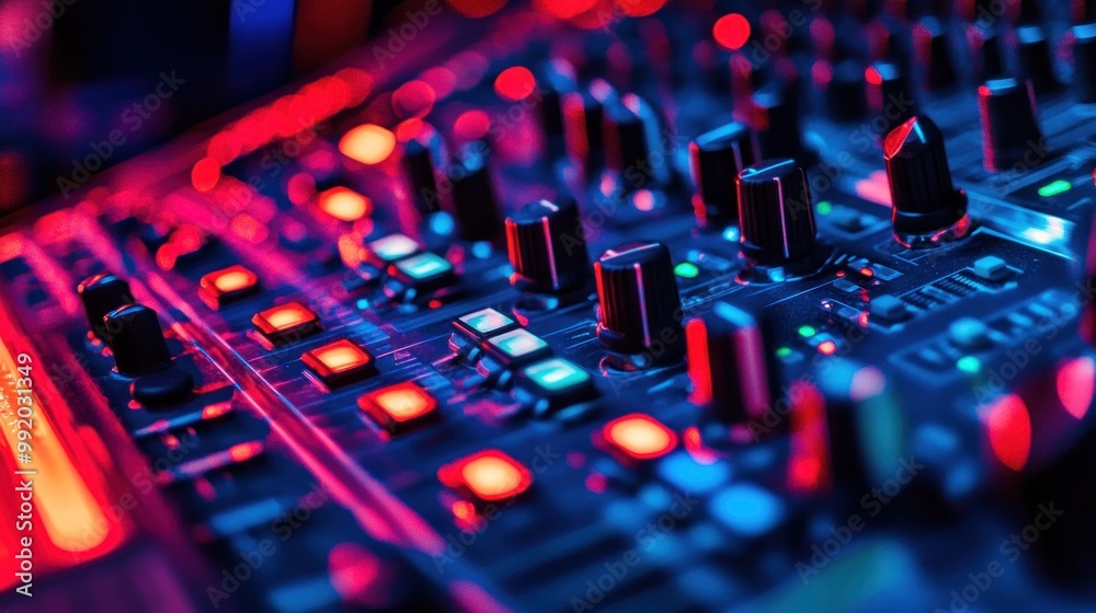 Close-up of a DJ mixer with red and blue lights. Close-up of a DJ mixer with red and blue lights.