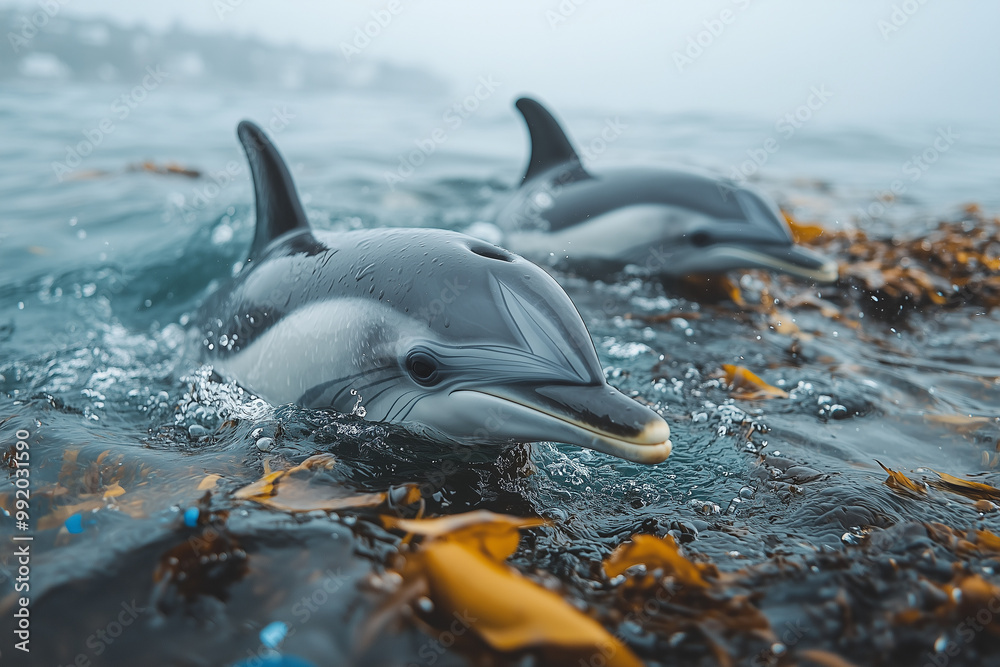 Obraz premium An ocean surface free of pollution, with whales breaching and dolphins swimming, thriving thanks to clean-up efforts.