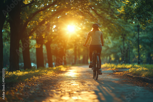 A cyclist riding down a path in an urban forest, enjoying clean air and nature in the city.