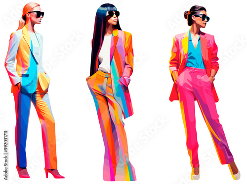 Collage set illustration of three powerful women wearing suits. Modern pop art style