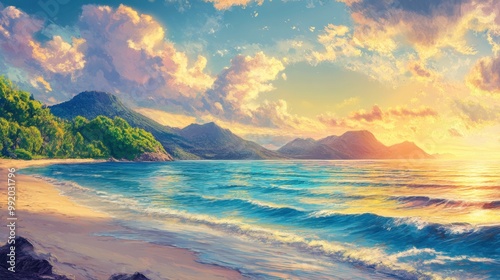 A vibrant seaside view with rich, blue water, a beautiful sandy beach, and diverse green