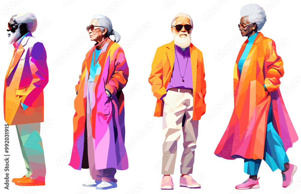 Colorful pop art collage set of mature African American and Asian people wearing stylish elegant clothes Colorful pop art collage set of mature African American and Asian people wearing stylish elegant clothes