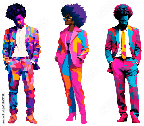 Pop art style illustration of full body shot African American people wearing elegant modern suits