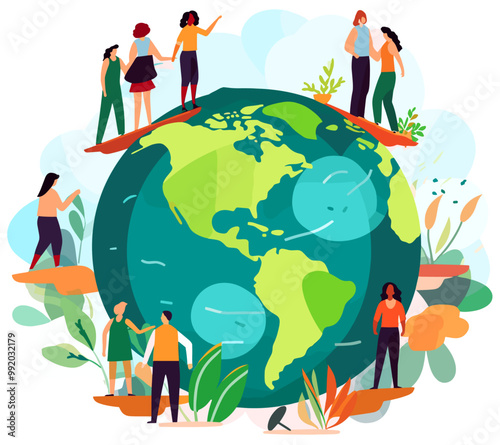 Minimalist illustration of people taking care of the planet. Environmental conservation concept