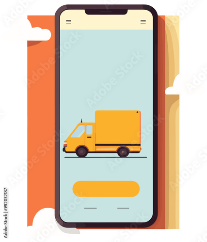 Courier parcel deliver concept. Mobile screen with courier van illustration