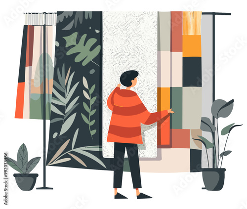 Woman fashion designer choosing colorful fabrics. Flat design illustration