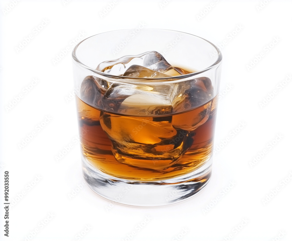 A glass of whiskey with ice cubes, placed against a white background. The amber hue of the whiskey contrasts with the clear, sharp ice cubes inside. A glass of whiskey with ice cubes, placed against a white background. The amber hue of the whiskey contrasts with the clear, sharp ice cubes inside.