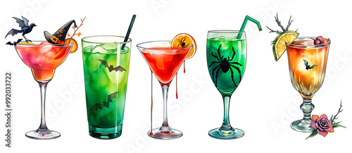 Hand painted watercolor spooky drinks for Halloween party on transparent background