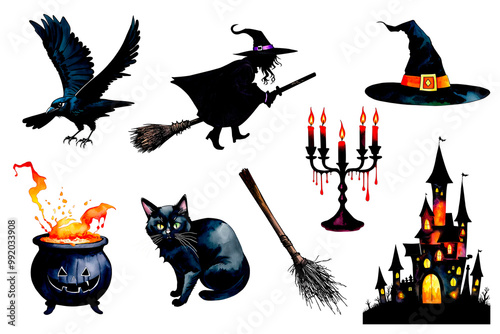 Hand painted watercolor witch, castle, hat, broom, black cat, raven, cauldron, candelabrum with candles for Halloween on transparent background