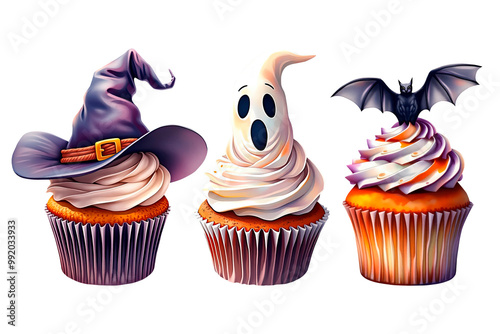Hand painted watercolor cupcakes decorated in Halloween party style with witch hat, ghost and bat on transparent background