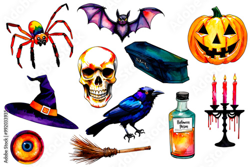 Hand-drawn watercolor Halloween characters, objects and symbols on transparent background. Halloween set: spider, skull, coffin, bat, jack-o-lantern, witch hat, witch broom, raven, poison, candles