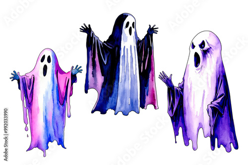 Hand painted watercolor halloween ghosts on transparent background