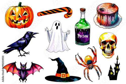 Hand drawn watercolor Halloween images on transparent background. Halloween set: jack o lantern, lollipop staff, poison, cake, raven, ghost, spider, skull, bat, witch hat, castle