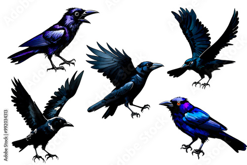 Hand painted watercolor crows. Birds symbolizing spooky atmosphere of Halloween on transparent background