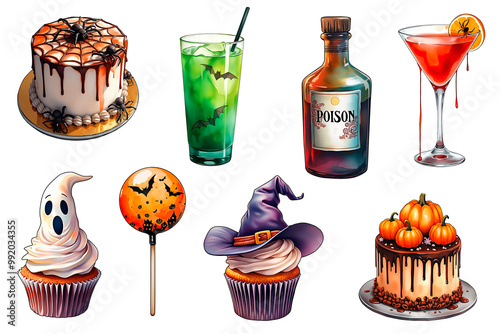 Hand painted watercolor food and drinks decorated in Halloween theme. Cakes, cupcakes, cocktails, lollipops, alcohol for Halloween party on transparent background