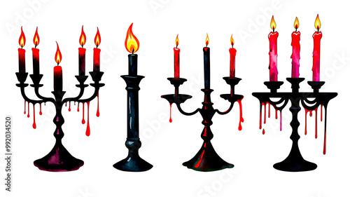 Hand painted watercolor Halloween candelabra with candles on transparent background. Blood red wax drips from black candles