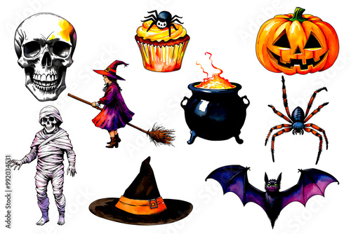 Hand drawn watercolor Halloween characters and symbols on transparent background. Halloween image set: skull, cupcake, jack-o-lantern, witch, witchs cauldron, spider, mummy, witch hat, bat