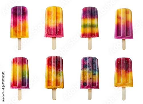 Collection of Popsicles on Transparent Background: An Assortment of Delicious Frozen Treats in Every Hue – Perfect for Summer Refreshment, Food Photography, and Creative Design Inspiration.