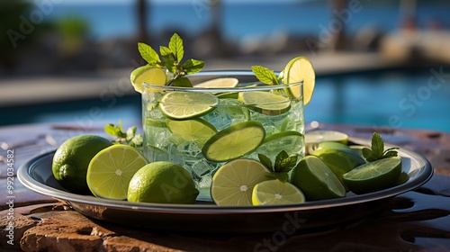 Spanish lime arranged part of tropical floral centerpiece floating luxurious infinity pool brightcolored cocktail ocean horizon softly blurred background promoting tropical escape Scientific name photo