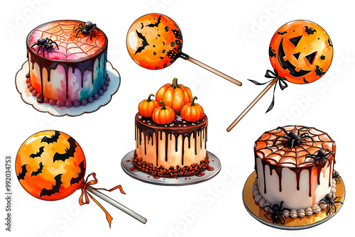 Hand painted watercolor cakes and lollipops for Halloween party on transparent background