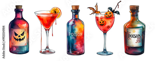 Hand painted watercolor Halloween poisons in bottles and cocktails in glasses on transparent background